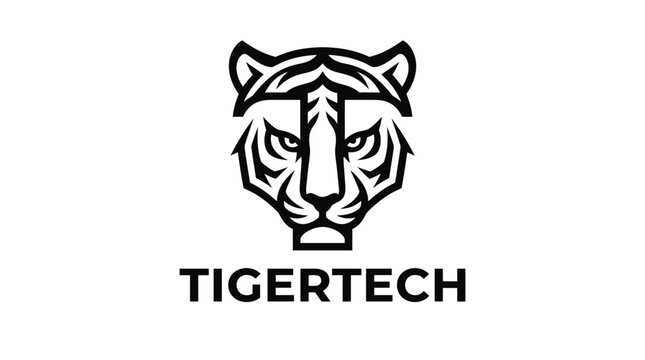 Minimalist tiger head vector graphic illustration featuring bold black lines forming a stylized feline face and integrated letter t shape for a modern technology company logo on a white background