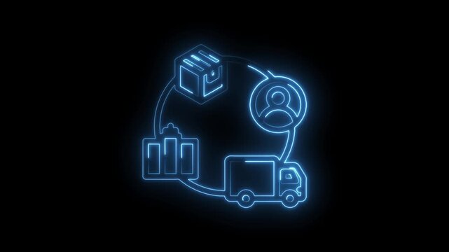Neon blue glowing logistics network icons showing delivery truck warehouse and customer