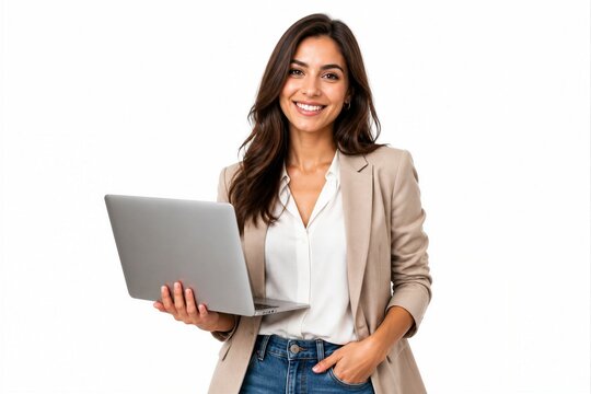 A woman stands with a laptop in one hand and a hand in her pocket. She is wearing a blouse and a blazer. She looks happy and confident in this moment.