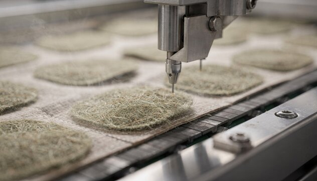Closeup of a manufacturing line producing biodegradable electrode pads with plantbased backing highlighting ecofriendly material processing and assembly.