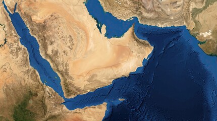 Fototapeta premium High resolution satellite map view of the Arabian Peninsula featuring the Strait of Hormuz and Bab el Mandeb