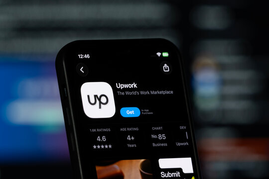 San Francisco, United States - 11 July 2026: App Store page of the Upwork app is seen on a smartphone screen.