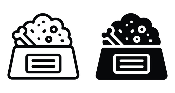 Pet food bowl icon set featuring dry kibble and a bone for dogs or cats in outline and solid styles