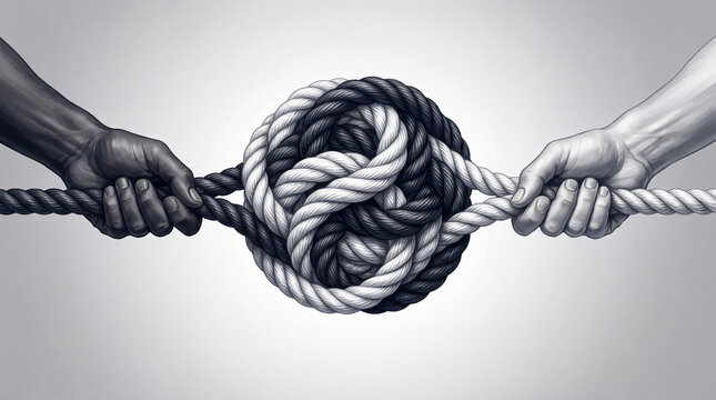 A symbolic image of two hands, one dark and one light, in a tug of war over a tightly knotted sphere of ropes.