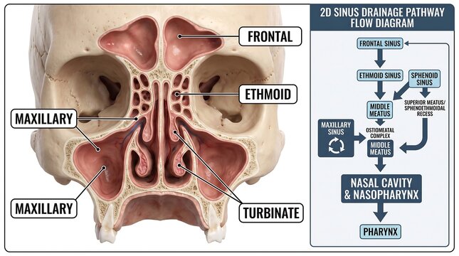 Cross sectional anatomy diagram of human paranasal sinuses and nasal cavity