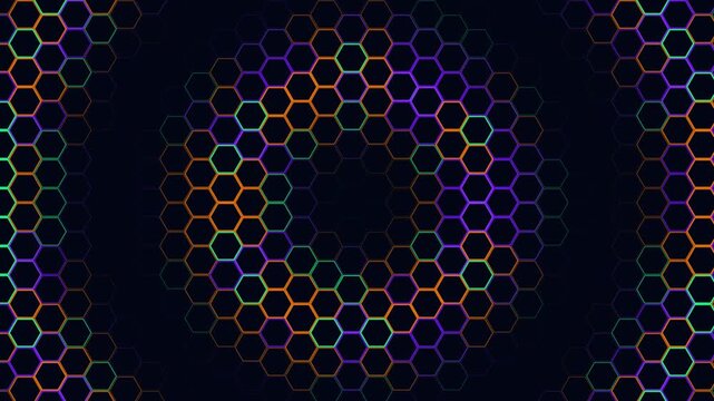 Abstract digital glowing neon geometric hexagon grid pattern on dark background loop animation