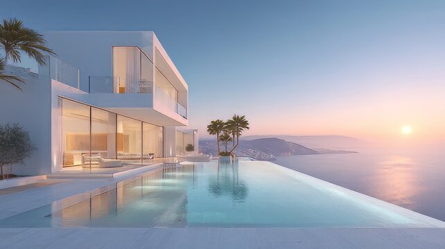 Modern luxury villa with infinity pool at sunset, contemporary white architecture overlooking the ocean, premium coastal real estate and vacation lifestyle