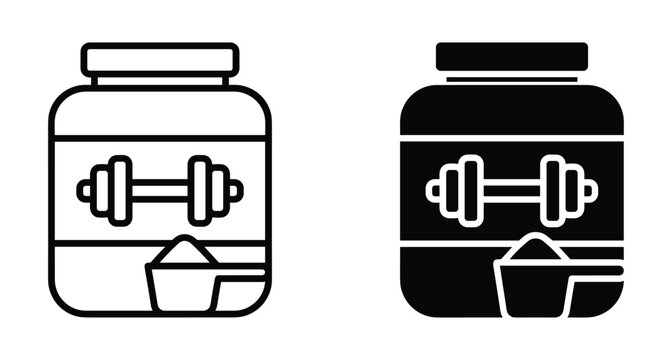 Protein powder jar icon set with dumbbell logo and scoop for fitness bodybuilding nutrition supplements gym workout health muscle building