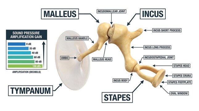 Detailed medical illustration of middle ear ossicles and tympanic membrane