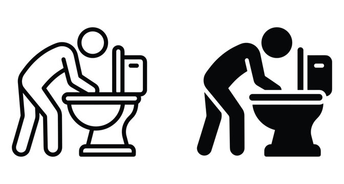 Sick person vomiting into toilet bowl icon set showing nausea illness food poisoning hangover morning sickness and stomach flu symptoms