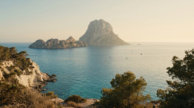 Es Vedra island rises from the blue Mediterranean sea near Ibiza coast with birds flying. Peaceful golden hour atmosphere with rocky cliffs. Perfect for travel blogs or tourism posters.