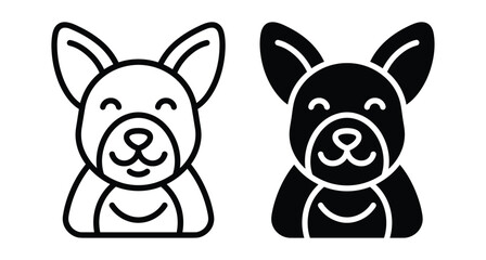 Obraz premium Cute puppy dog head icon set featuring outline and solid black flat vector illustrations for pet shop branding and animal logos
