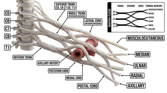 Anatomical diagram of the brachial plexus nerves of the human upper limb