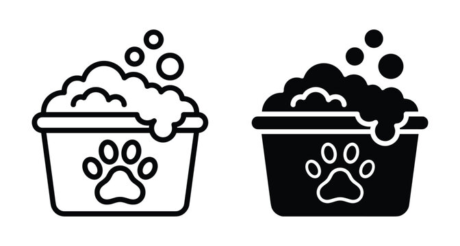 Pet grooming bathtub icon set with soap bubbles and paw print symbol for animal wash service dog bath hygiene care