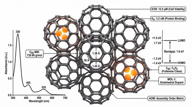 Fullerene carbon nanostructure lattice diagram with scientific spectral data