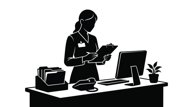 Silhouette of a female receptionist working at an office desk with a computer and clipboard