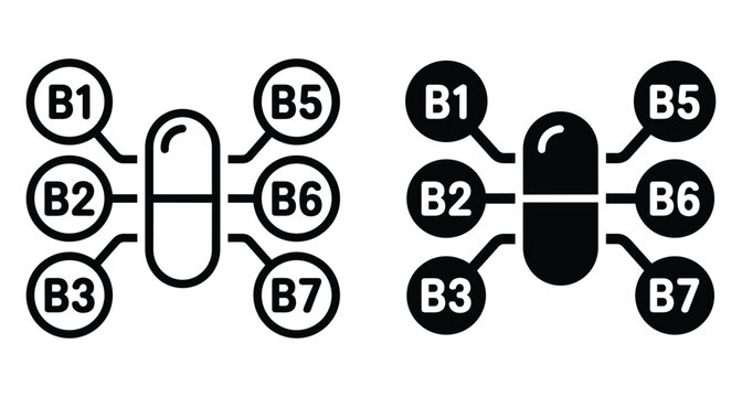 Vitamin B complex supplement capsule icon set featuring B1 B2 B3 B5 B6 and B7 nutrients for health and wellness