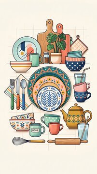 Modern Colorful Kitchenware Vector Illustration with Plates Bowls Cups and Utensils