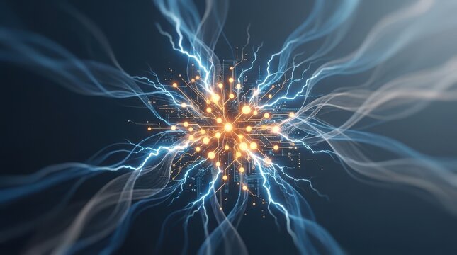 Abstract digital neural network structure with glowing nodes and dynamic energy flow lines on dark background artistic.