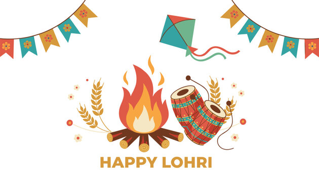 Traditional Indian Lohri festival card featuring high bonfire, dhol drums, wheat spikelets, and flying kite.
