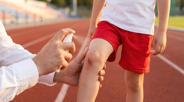 Adult male person using antiseptic spray for cleaning knee wound of young boy on running track at outdoor sports field.