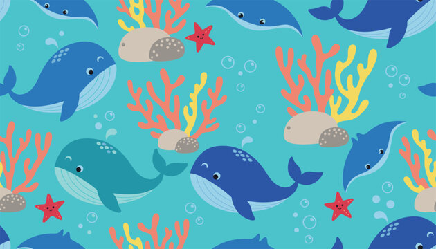 Seamless background pattern of cute blue whales swimming in ocean with colorful coral reefs and sea stars.