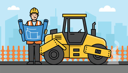 Naklejka premium Professional civil engineer in a safety helmet holds construction plans next to a heavy yellow road roller vehicle.