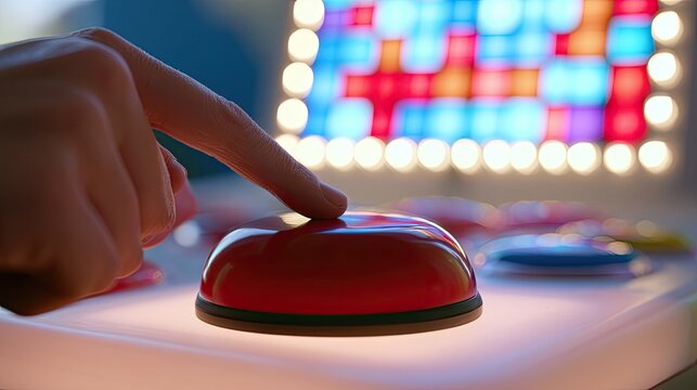 Finger pressing a glowing red button, colorful display background