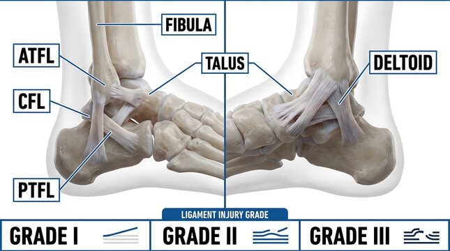 Anatomy of the human ankle joint with ligament injury classification guide, ligaments