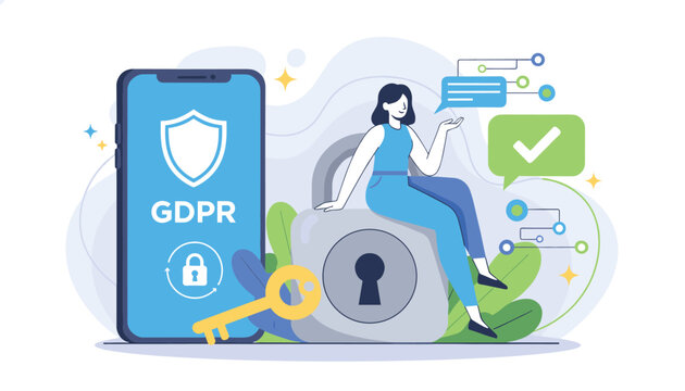 Young woman sits on a giant lock next to a smartphone to represent data protection and GDPR compliance.