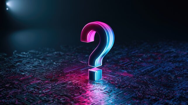 Glowing neon question mark on textured futuristic surface