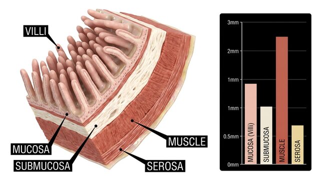 Histological section of the intestinal wall layers with villi and tissue composition