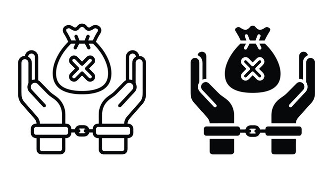 Handcuffed hands holding money bag with cross mark icon representing corruption arrest financial crime bribery prevention and illegal cash seizure