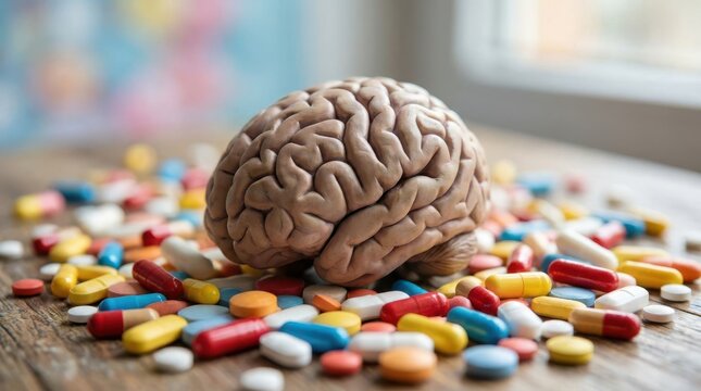 Brain model surrounded by colorful medicine pills and capsules on wooden table representing mental healthcare.