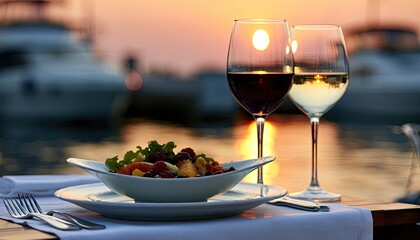 Naklejka premium A romantic sunset dinner with fresh salad and wine by the water