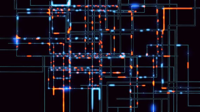 Complex network, public transportation map. Colorful animated subway map, railway map, digital network with intersecting lines and neon nodes on a dark background. Pipeline diagram.