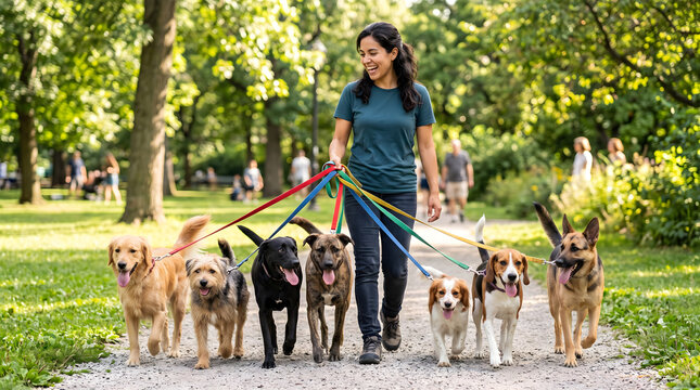 Woman walking multiple dogs in park on leashes
