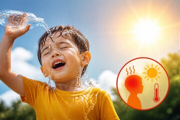Plakat A child is pouring water on his head while standing under the sun. He looks surprised and is sweating due to the heat. It is a bright summer day with clear skies.