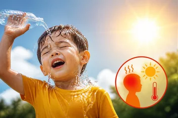 A child is pouring water on his head while standing under the sun. He looks surprised and is sweating due to the heat. It is a bright summer day with clear skies. © mila103