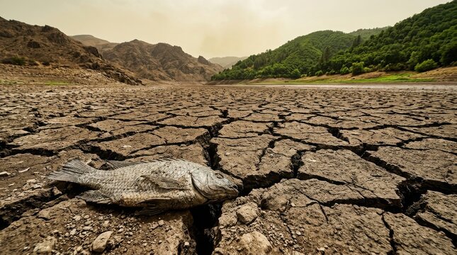 Dried cracked earth with dead fish during severe drought and heatwave conditions
