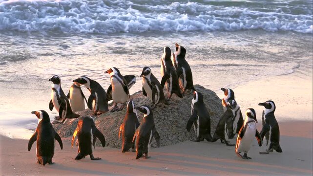 African Penguins Standing on Coastal Rocks as Ocean Waves Crash, South Africa