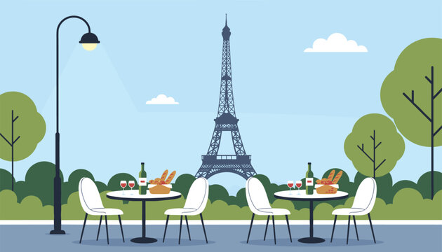 Beautiful Parisian sidewalk cafe featuring set tables with croissants and wine, set against the backdrop of the iconic Eiffel Tower.