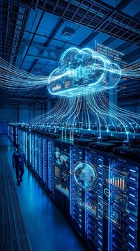 Futuristic Cloud Computing Data Center with Glowing Servers and Digital Cloud Network