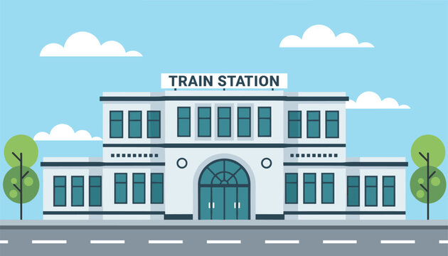 Flat vector illustration of a modern train station building with a spacious entrance, road, and trees under a blue sky.