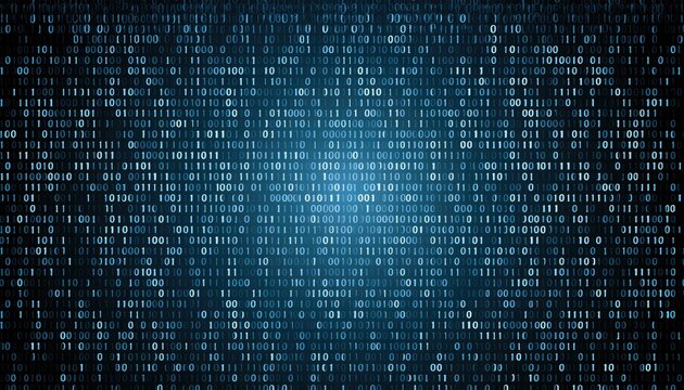 Digital matrix of glowing binary code on a dark, futuristic background