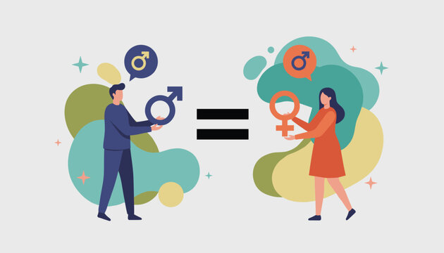 Concept of gender equality featuring a man and a woman holding male and female symbols on both sides of a large equals sign.