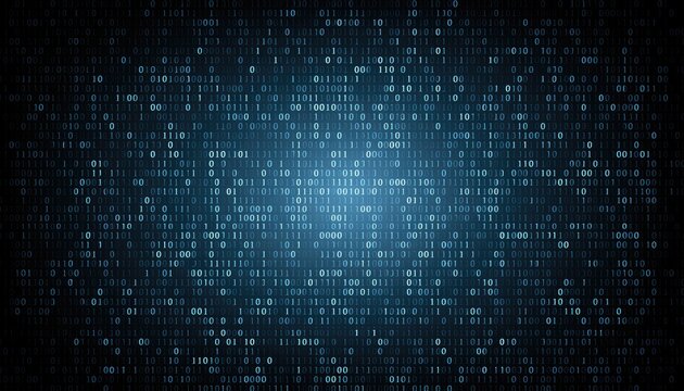 Abstract digital background with glowing blue dots forming binary code patterns