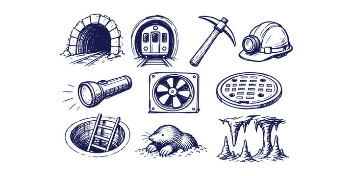 underground tunnel mining element collection hand drawn doodle icon set vector illustration