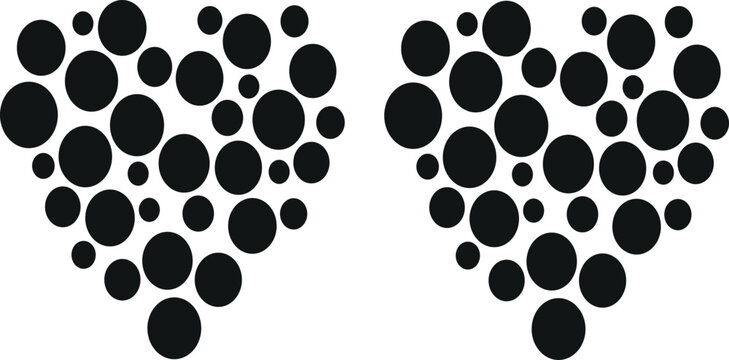 Two stylized heart shapes composed of black circular dots in a modern minimalist vector graphic illustration presented on transparent background