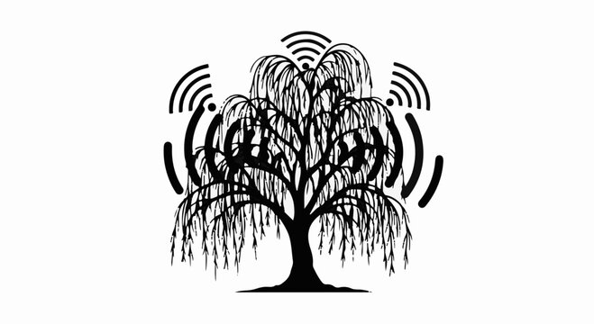 Digital network emanating from a stylized weeping willow tree
